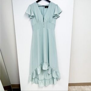 VICI | High Low Midi Plunge Ruffle Sleeve Dress Light Blue | M